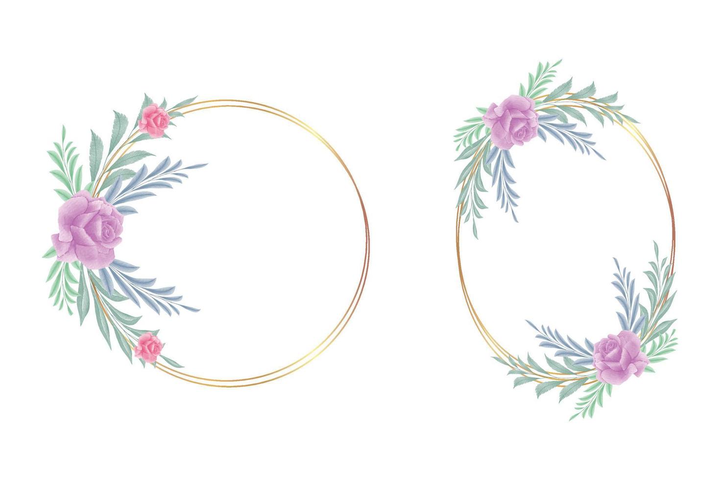 cornice rotonda in oro con rose acquerello rosa e rosse, foglie tropicali e di palma. bouquet da sposa in una cornice per la progettazione di un invito alla moda. vettore