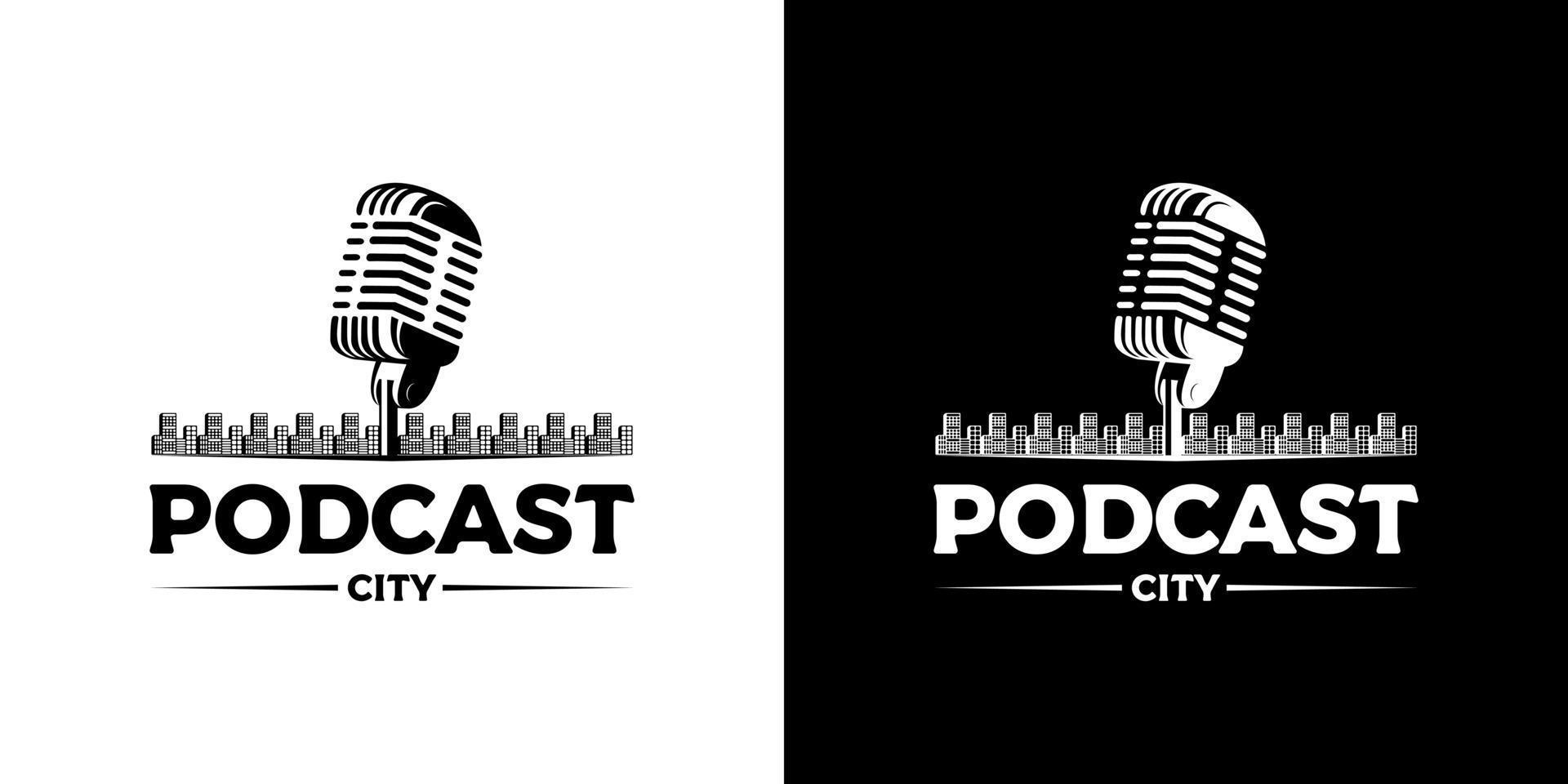 vettore di progettazione del logo del podcast della città del microfono vintage