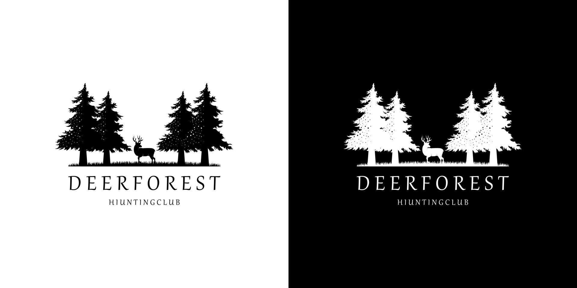 vettore di design del logo della foresta di pini di abete dei cervi
