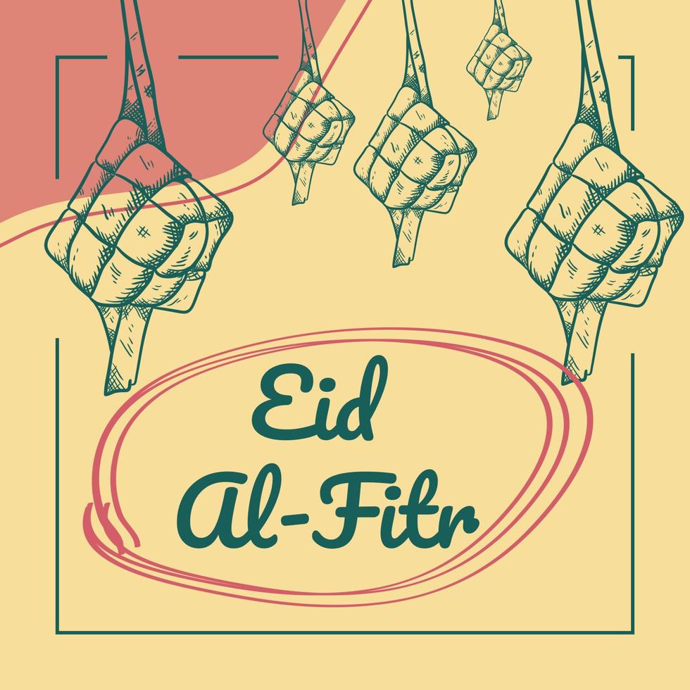 eid al fitr disegnato a mano con illustrazione di ketupat vettore