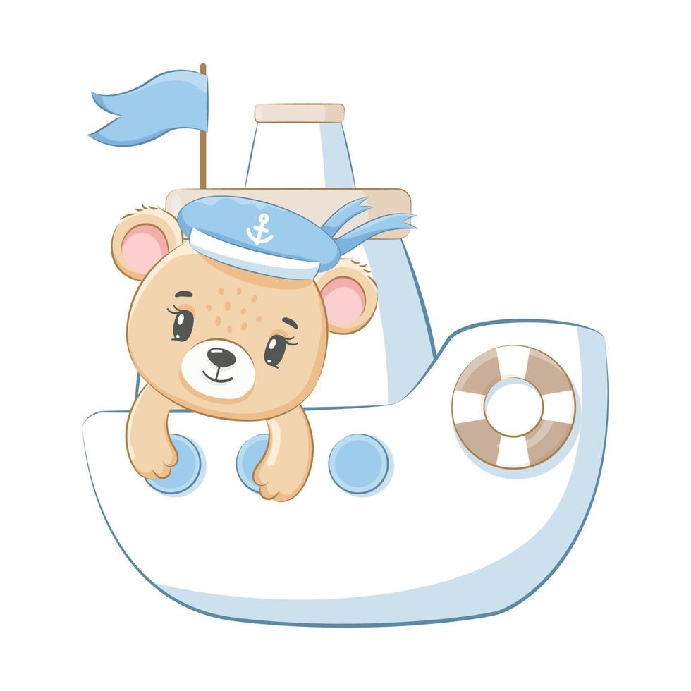simpatico orsacchiotto sulla nave. illustrazione vettoriale di un cartone animato.