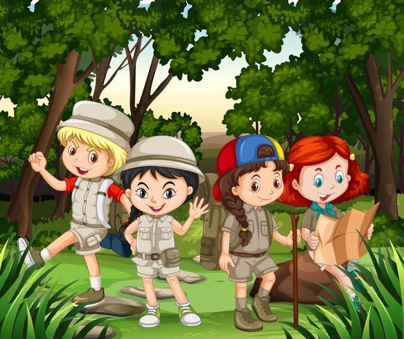 Gruppo di bambini, escursioni nella foresta vettore
