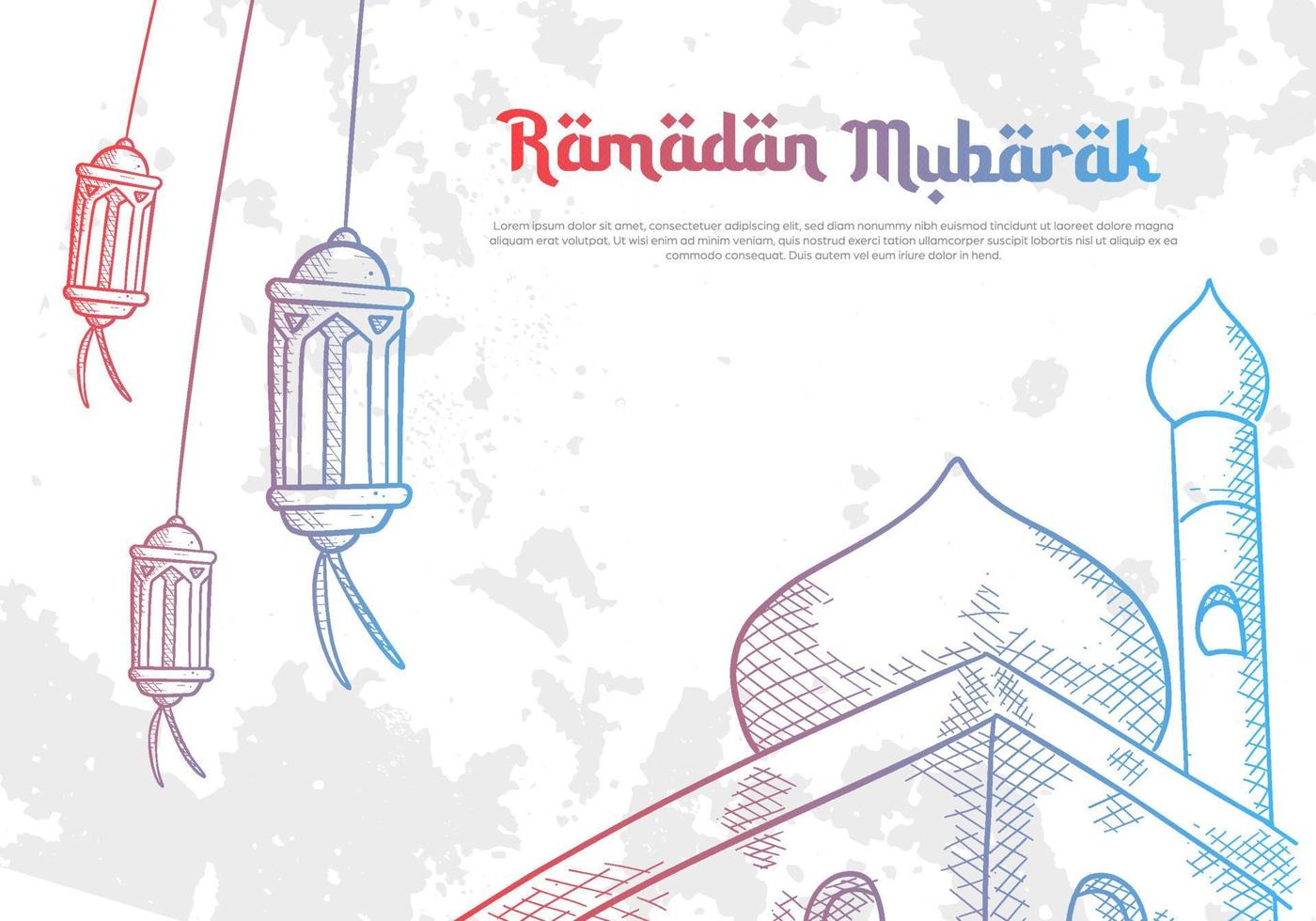 schizzo disegnato a mano di ramadan mubarak kareem sfondo di saluto islamico con lampada lanterna e illustrazione della moschea vettore