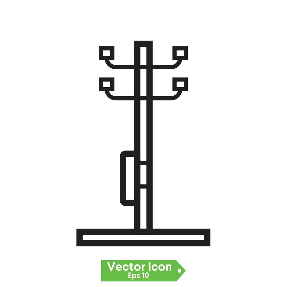 icona della linea sottile isolata della torre a traliccio e della linea elettrica aerea. vettore bifase torri di trasmissione linee elettriche contorno segno. struttura del traliccio elettrico, torre a traliccio in acciaio per sostenere la linea elettrica