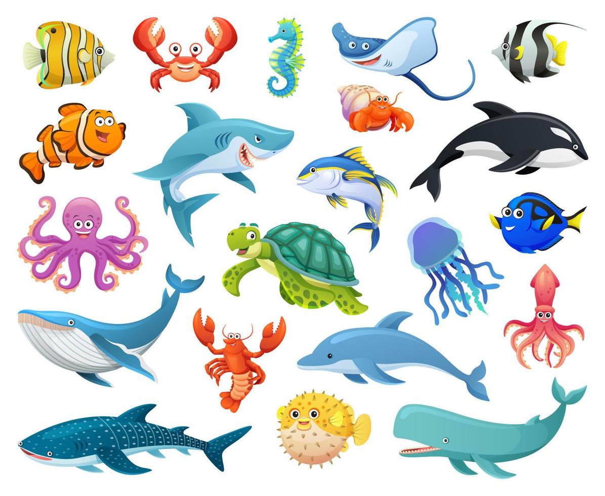 set di pesci e animali marini in stile cartone animato vettore