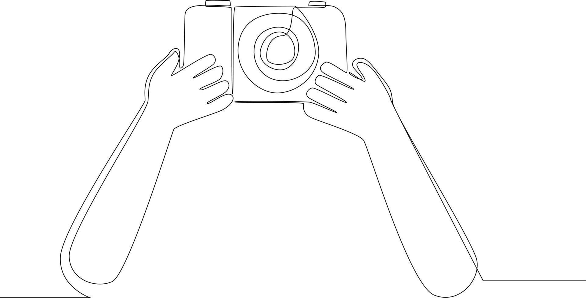 semplice disegno a linea continua che tiene una fotocamera con le mani. scene dallo studio illustrazione vettoriale. vettore