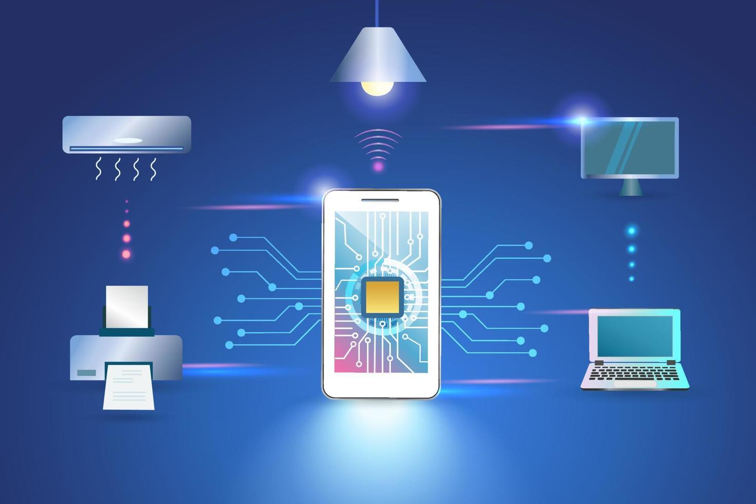 dispositivi elettrodomestici intelligenti per il controllo del telefono digitale. sistema di automazione domestica intelligente e tecnologia wireless online che collegano apparecchiature elettroniche per sviluppare uno stile di vita moderno. vettore