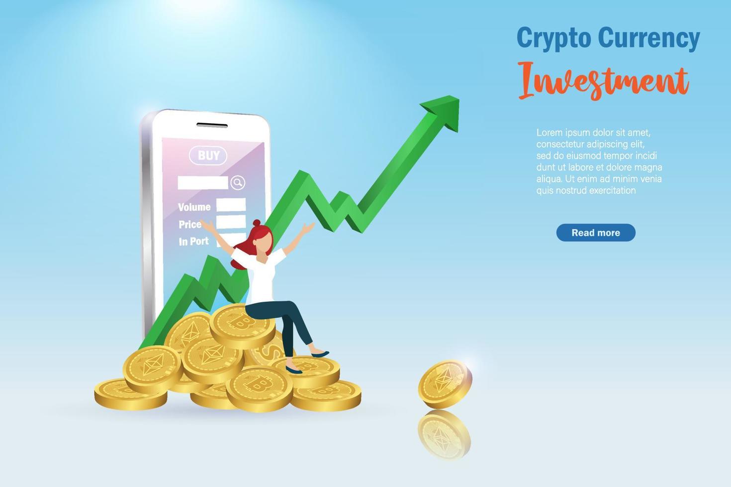 la donna si siede su monete in criptovaluta 3d con piattaforma di trading grafico di crescita su smartphone. profitto di crescita degli investimenti bitcoin, concetto di finanza decentralizzata defi. applicazione di scambio di criptovalute in borsa vettore