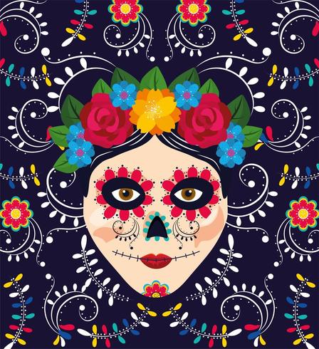 decorazione teschio donna con fiori per evento messicano vettore