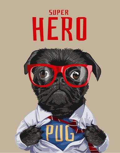 slogan dell&#39;eroe con il cane nero del carlino nell&#39;illustrazione della camicia vettore
