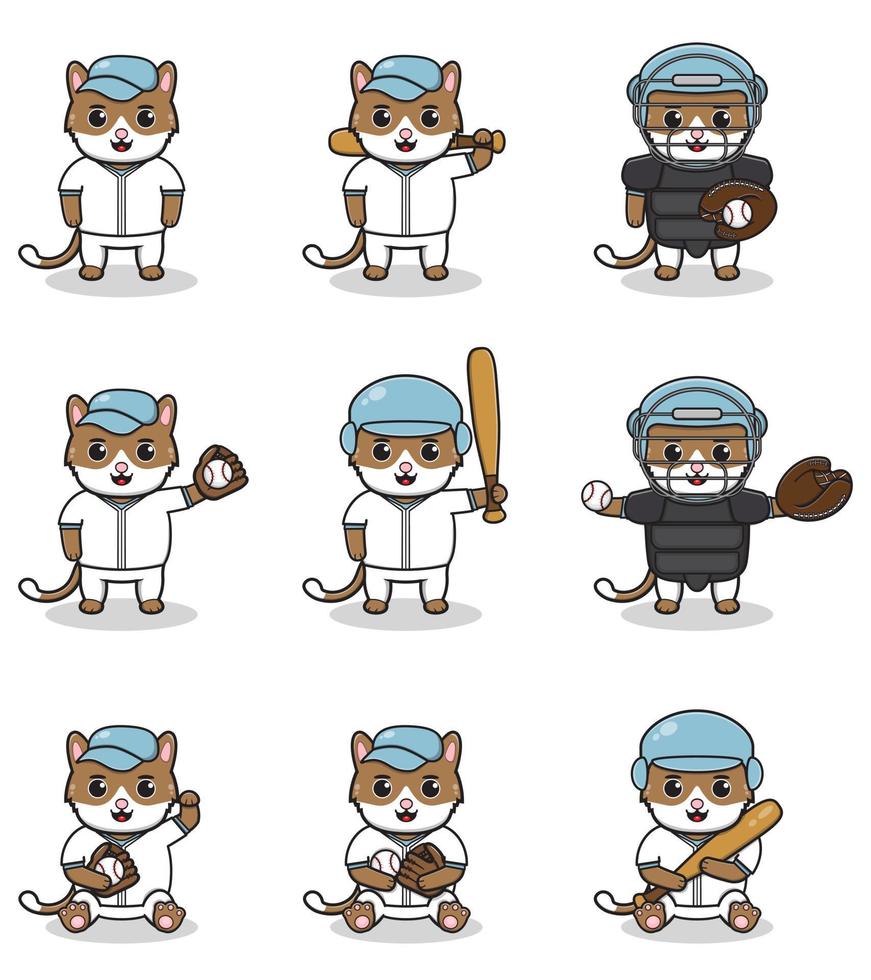 illustrazione vettoriale di simpatico gatto con costume da baseball. set di simpatici personaggi di gatti.