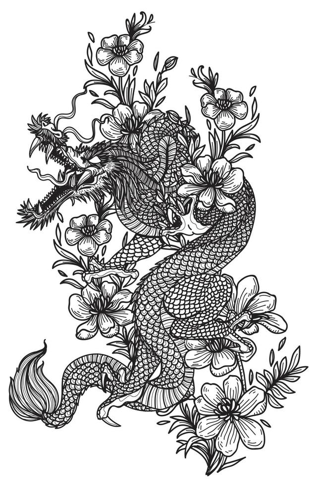 tatuaggio arte drago e fiore disegno a mano schizzo vettore