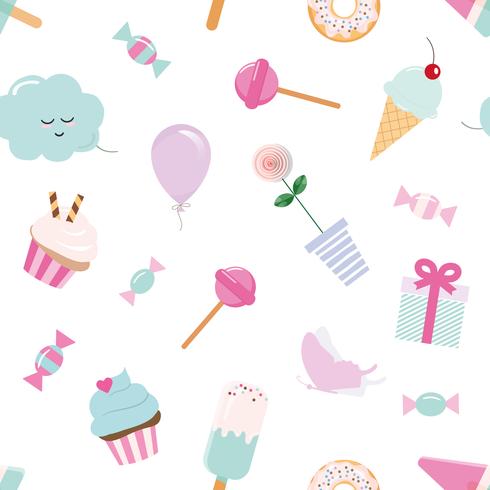 Fondo senza cuciture girly con dolci ed elementi carini. Rosa pastello e blu. vettore