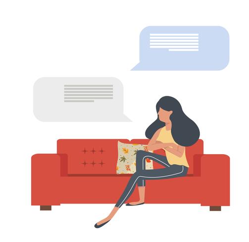 donna seduta sul divano rosso con messaggi vettore