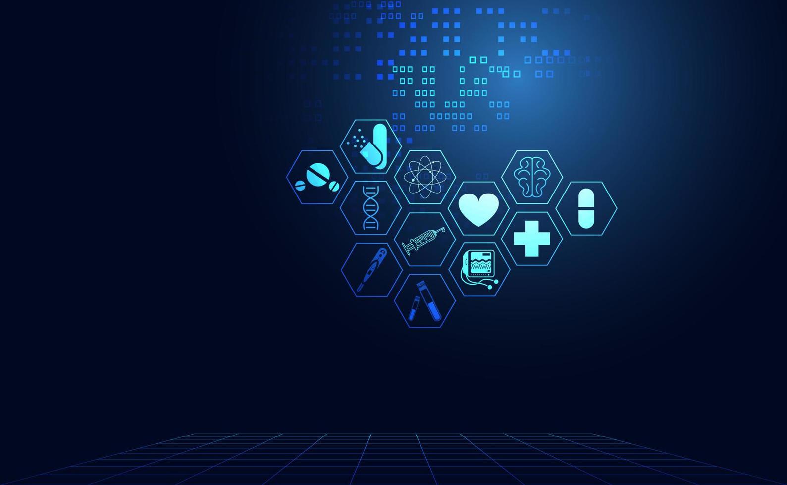 astratto salute scienza medica icona sanitaria tecnologia digitale scienza concetto moderno innovazione, trattamento, medicina su hi tech futuro sfondo blu. per carta da parati, modello, web design vettore