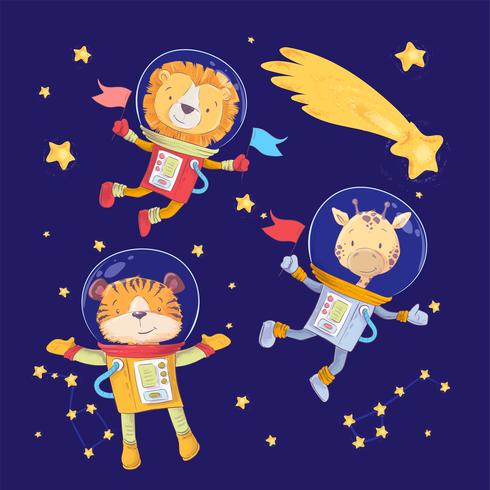 Cartoon simpatici animali tigre leone e giraffa astronauti nello spazio vettore