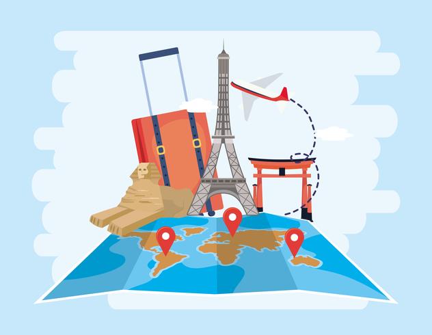 Torre Eiffel, sfinge, scultura di Tokyo con posizione sulla mappa del mondo vettore