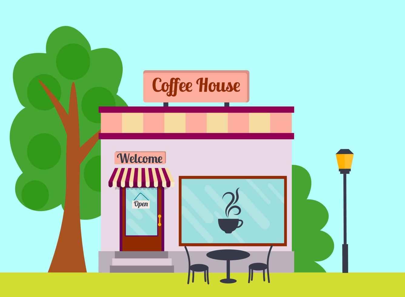 cartone animato caffè facciata dell'edificio. vista sulla strada del caffè in stile piatto. negozio davanti. vettore