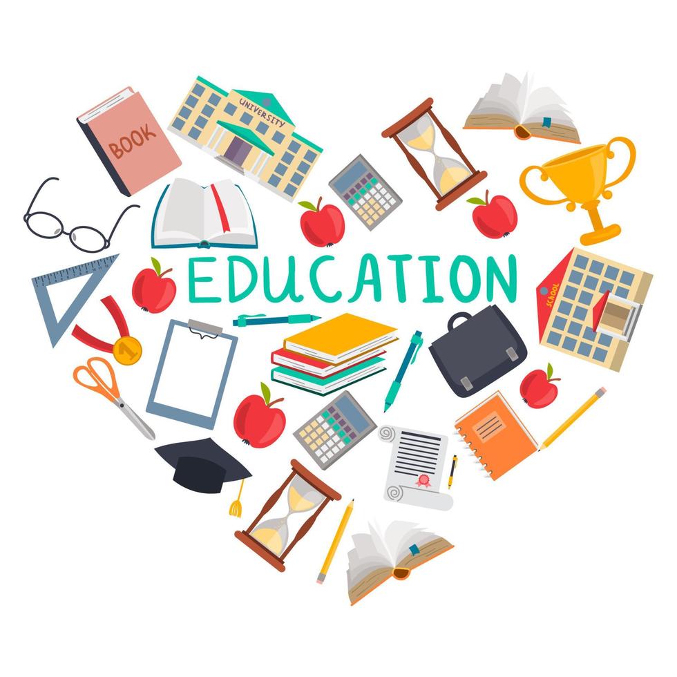 bandiera del cuore di istruzione con cancelleria, libri, icone di edifici. concetto di educazione all'amore. vettore