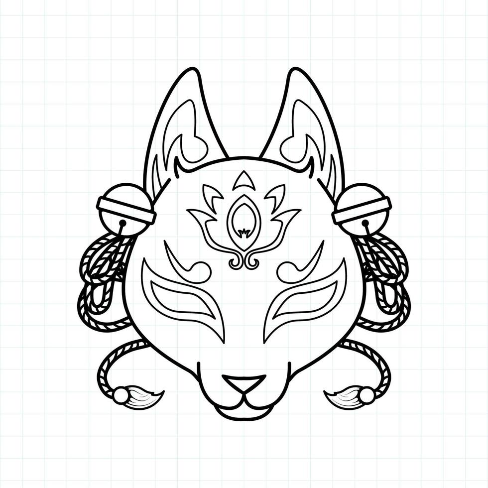 maschera kitsune giapponese da colorare pagina, illustrazione vettoriale eps.10