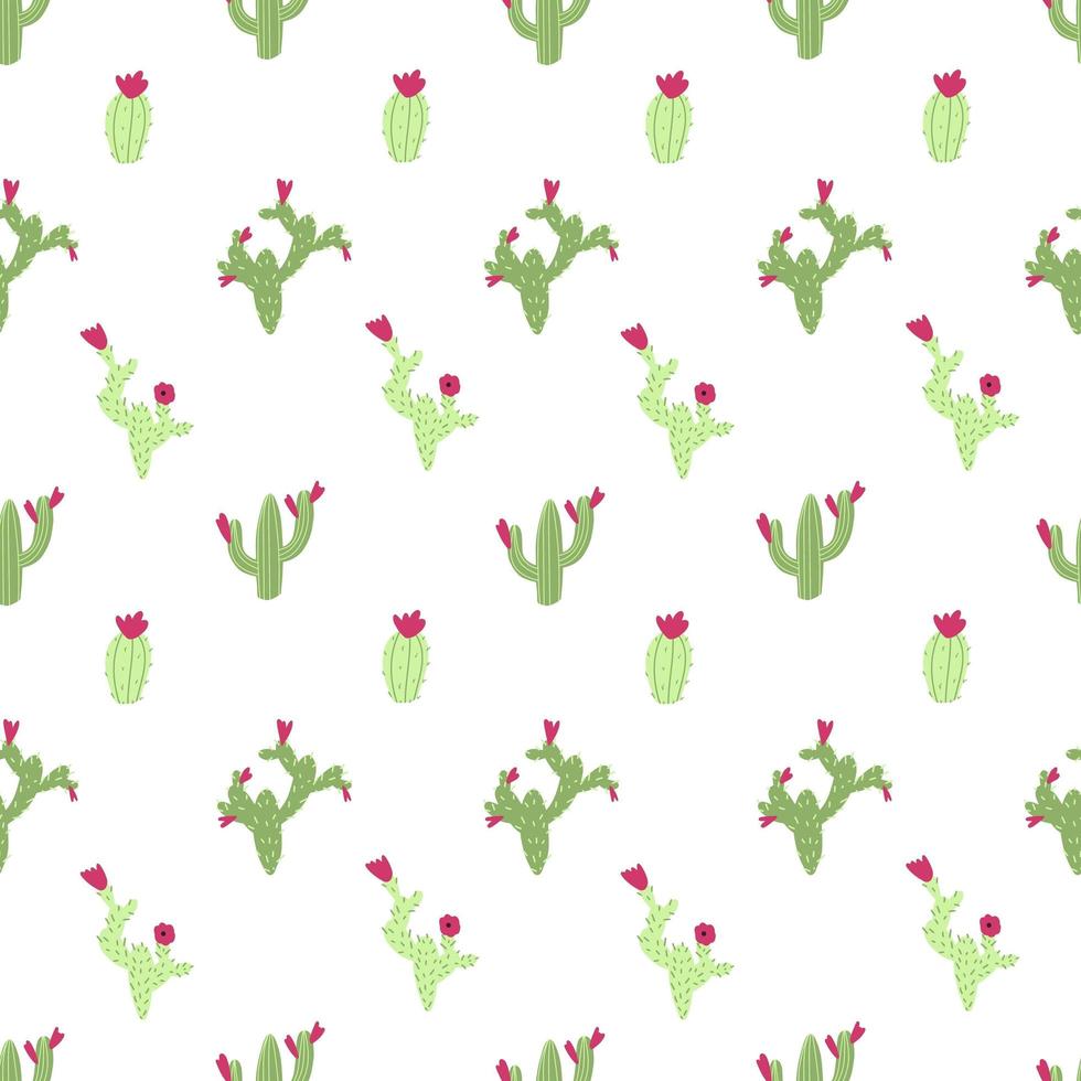 Reticolo senza giunte del cactus su priorità bassa bianca. illustrazione infantile della scuola materna in stile cartone animato disegnato a mano con cactus e fiori colorati vettore