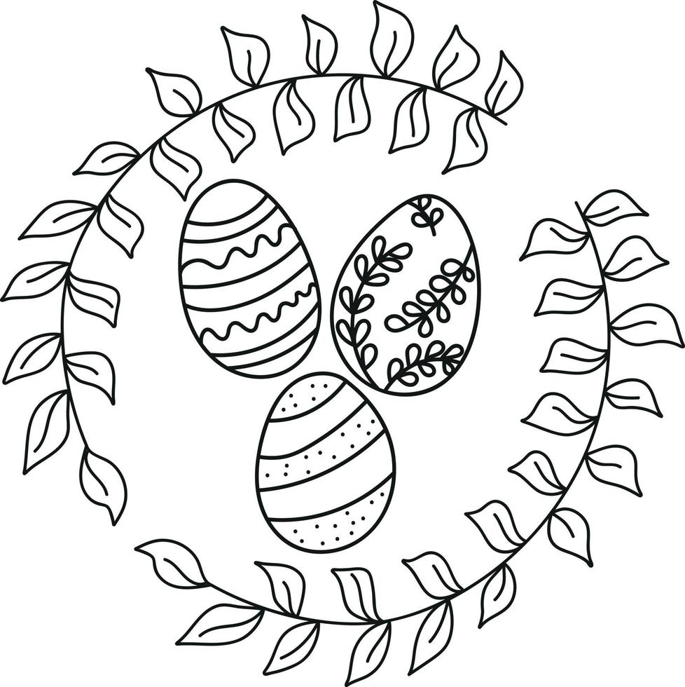 nido di corona di Pasqua con uova in stile doodle vettore
