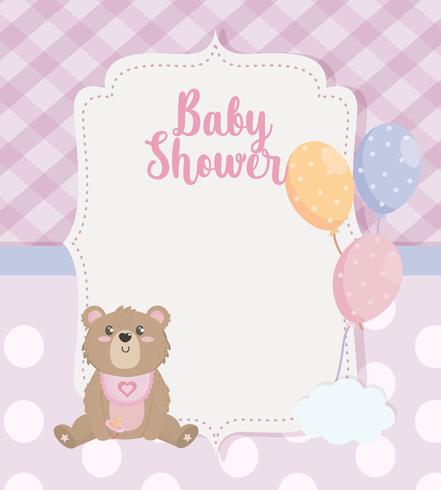 Scheda dell&#39;acquazzone di bambino con orsacchiotto e palloncini con nuvola vettore