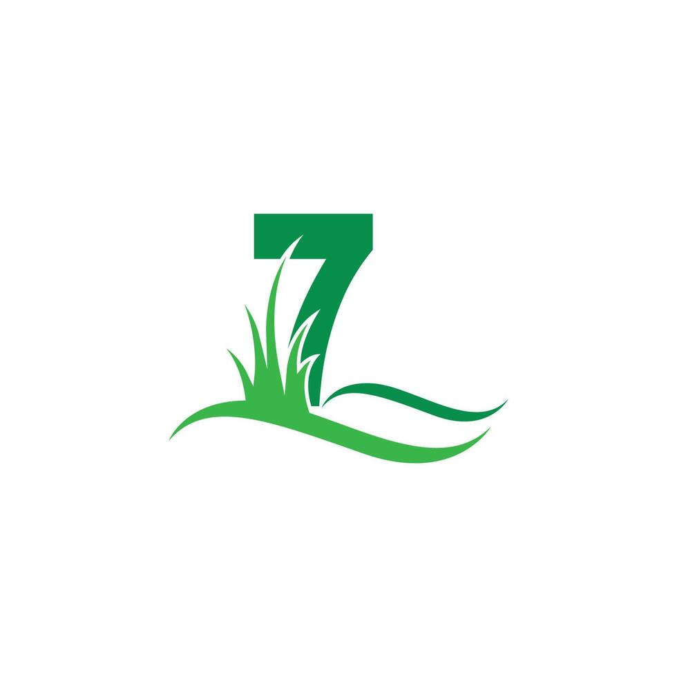 numero 7 dietro un vettore di progettazione del logo dell'icona dell'erba verde