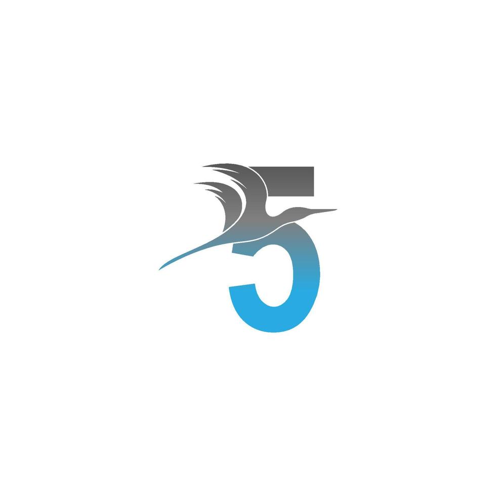 logo numero 5 con disegno dell'icona dell'uccello pellicano vettore