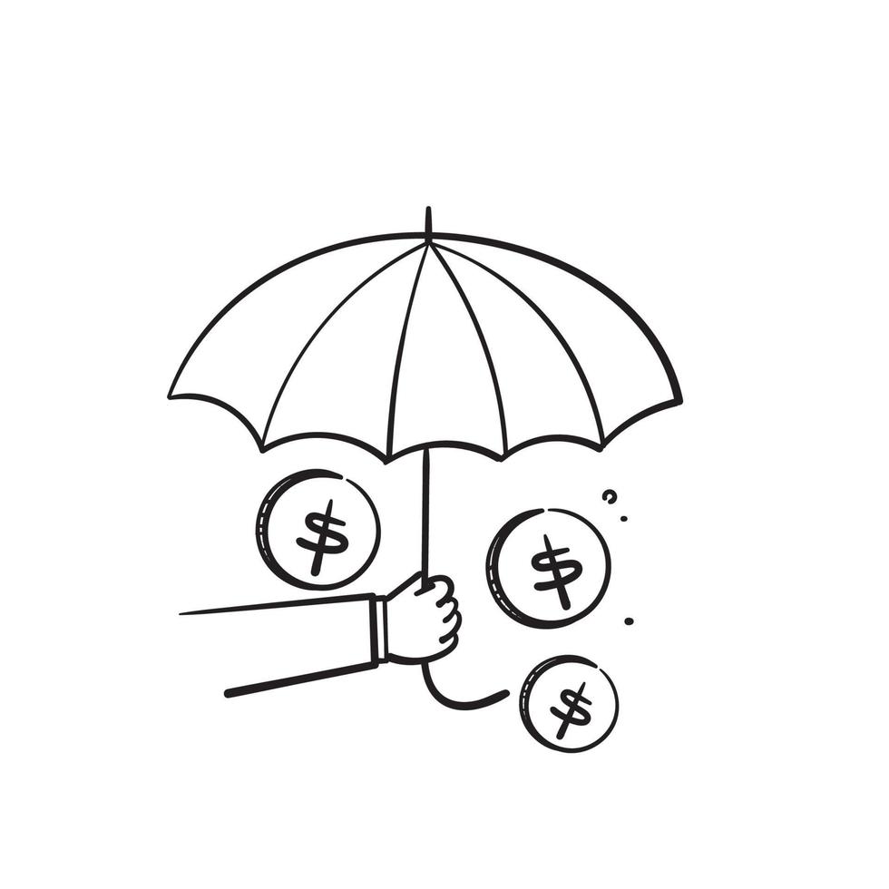 simbolo disegnato a mano dei soldi e dell'ombrello di scarabocchio per l'icona dell'illustrazione di protezione finanziaria isolata vettore