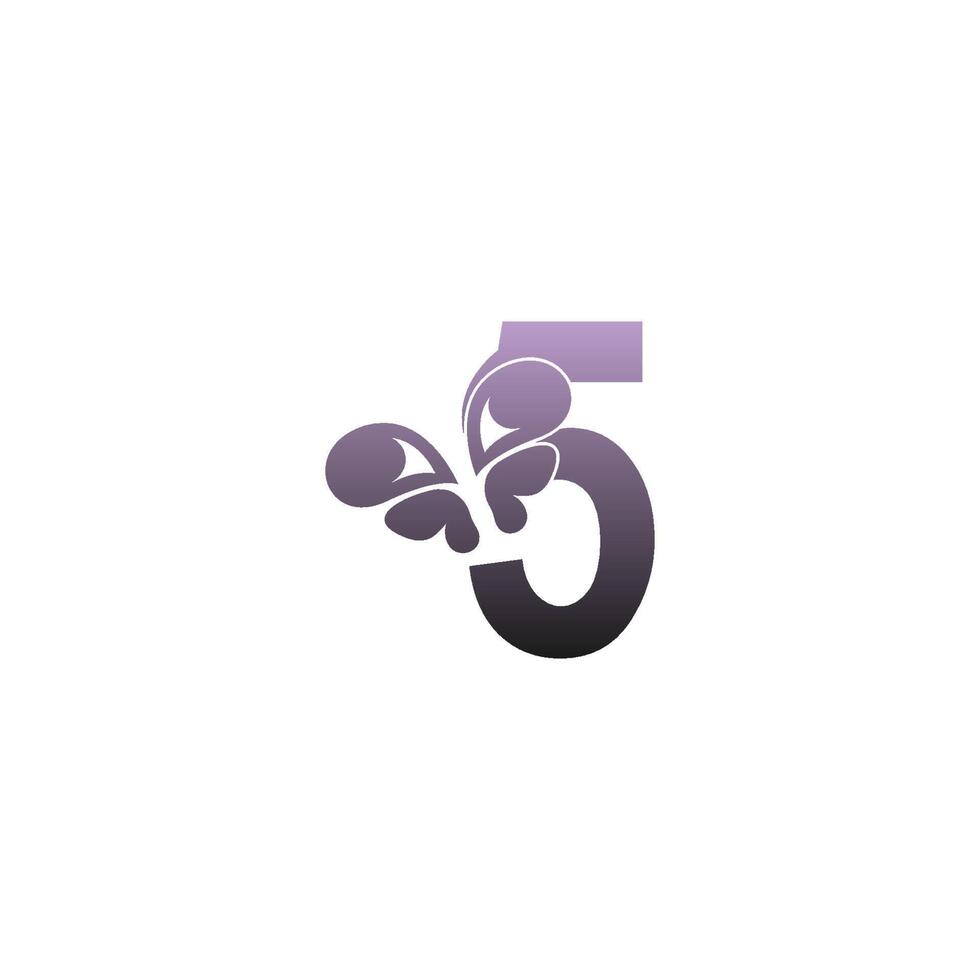numero 5 con il vettore di progettazione del logo dell'icona della farfalla