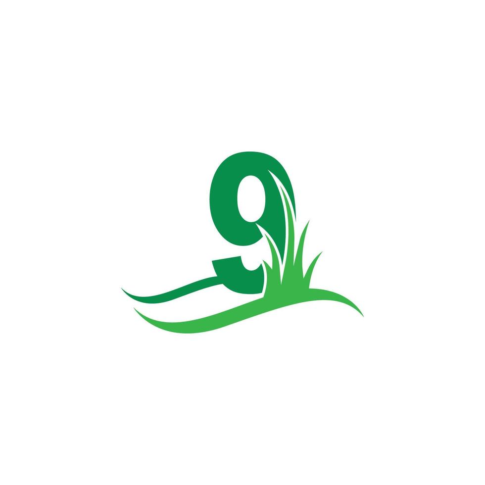 numero 9 dietro un vettore di progettazione del logo dell'icona dell'erba verde