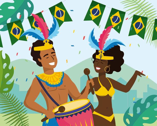 Musicista e ballerino maschio e femmina di carnevale con la bandiera brasiliana della bandiera vettore