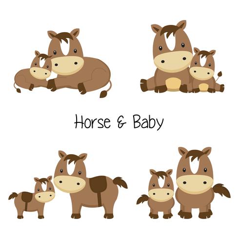 Set di mamma e cavallo bambino in diverse pose in stile cartone animato. vettore