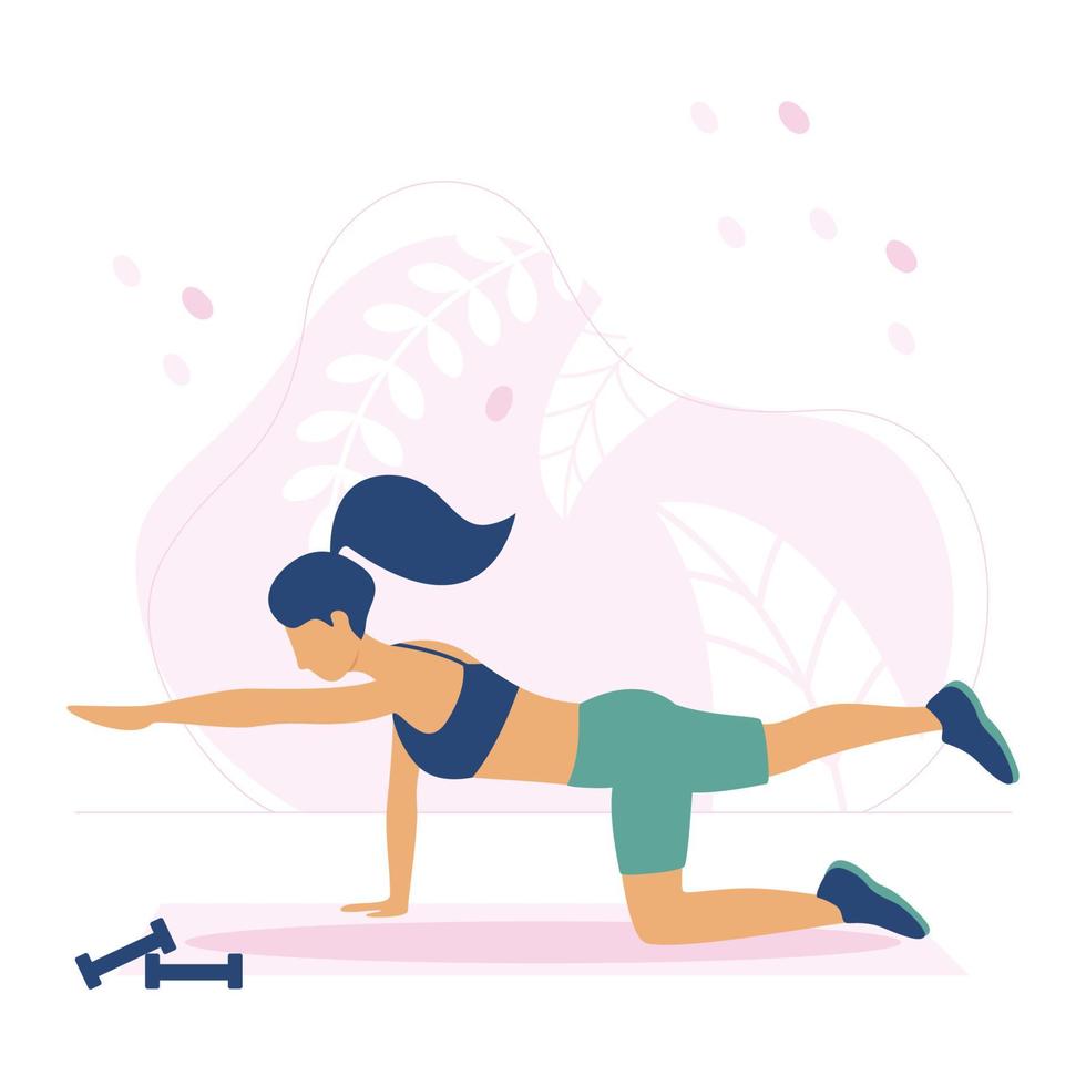 una donna atletica sta in una tavola su un braccio e una gamba. facendo fitness su un tappetino da yoga rosa con manubri nelle vicinanze. vettore
