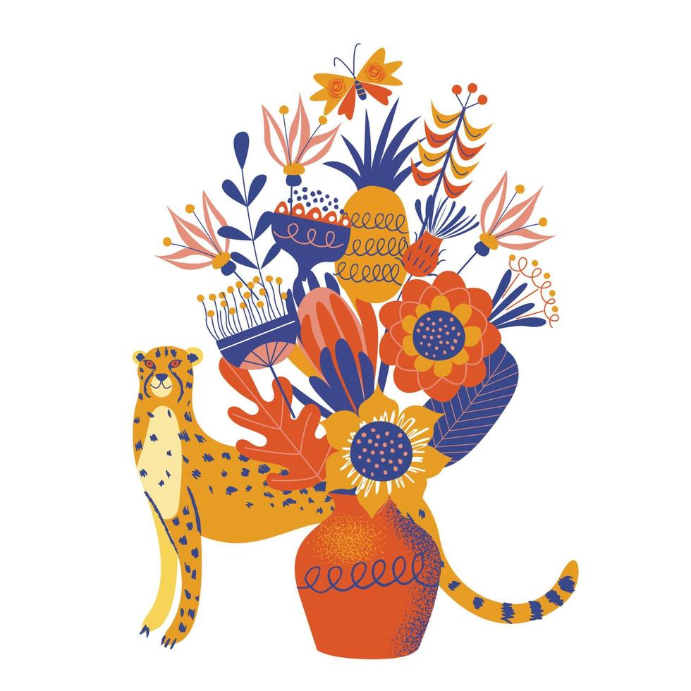un simpatico ghepardo e un mazzo di fiori in un vaso. illustrazione vettoriale su sfondo bianco.