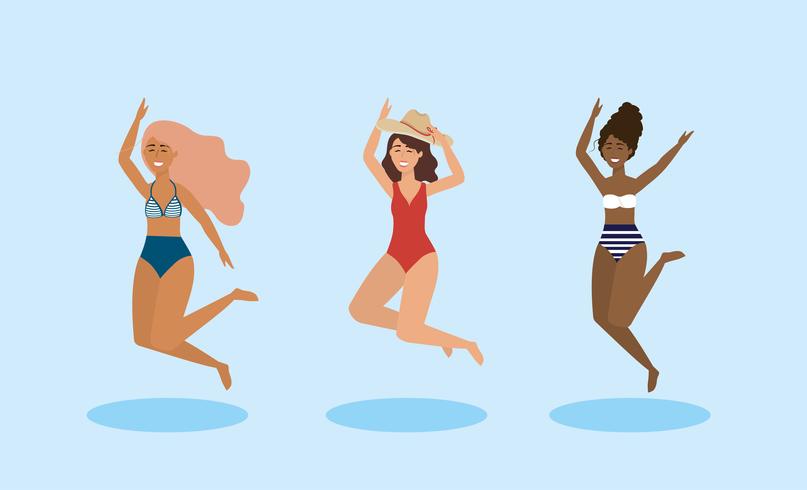 Set di donne in costume da bagno saltando vettore
