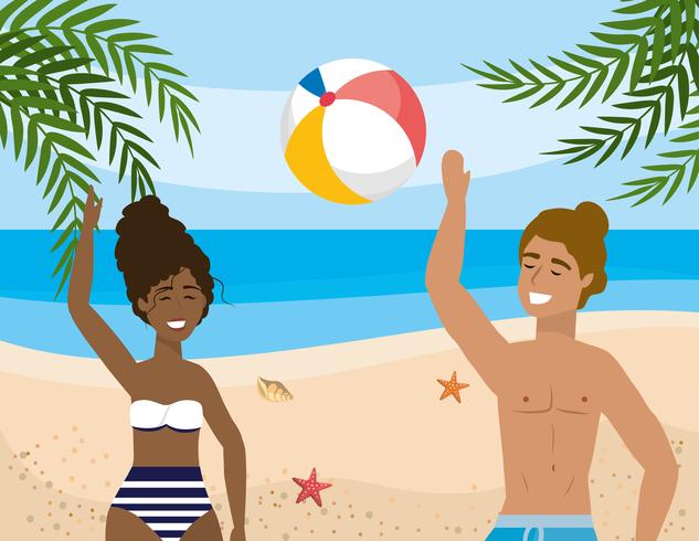 Donna ed uomo che giocano con il beach ball sulla sabbia vettore