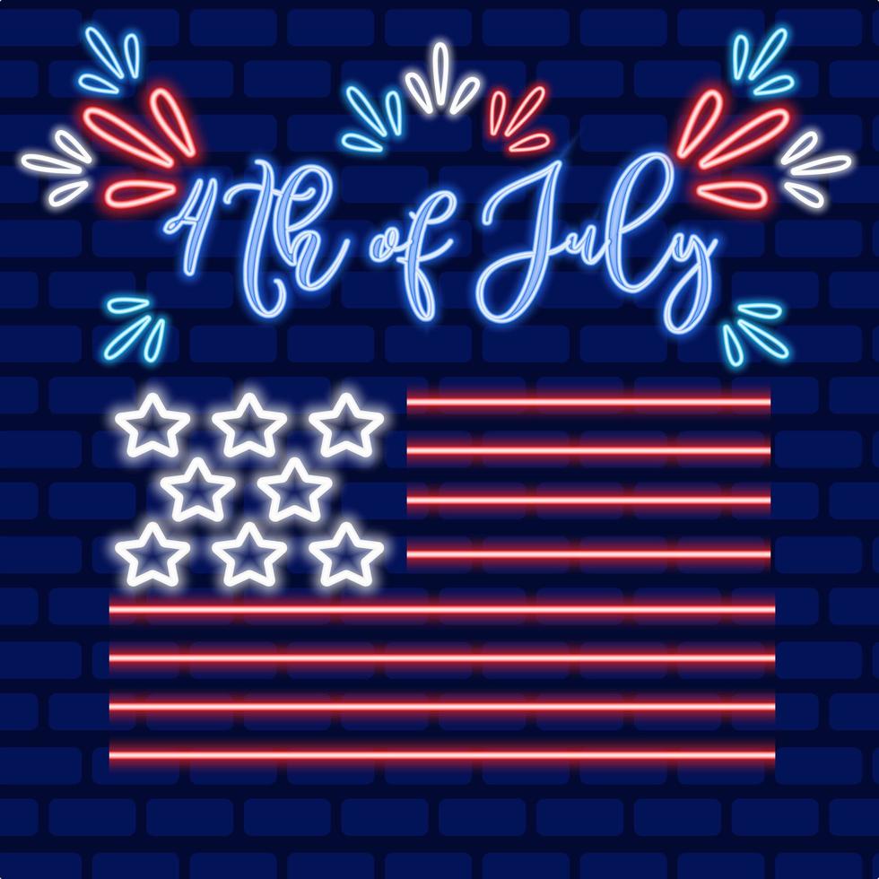 4 luglio banner al neon di vettore del giorno dell'indipendenza americana. insegna luminosa notturna, illustrazione leggera del giorno dell'indipendenza patriottica