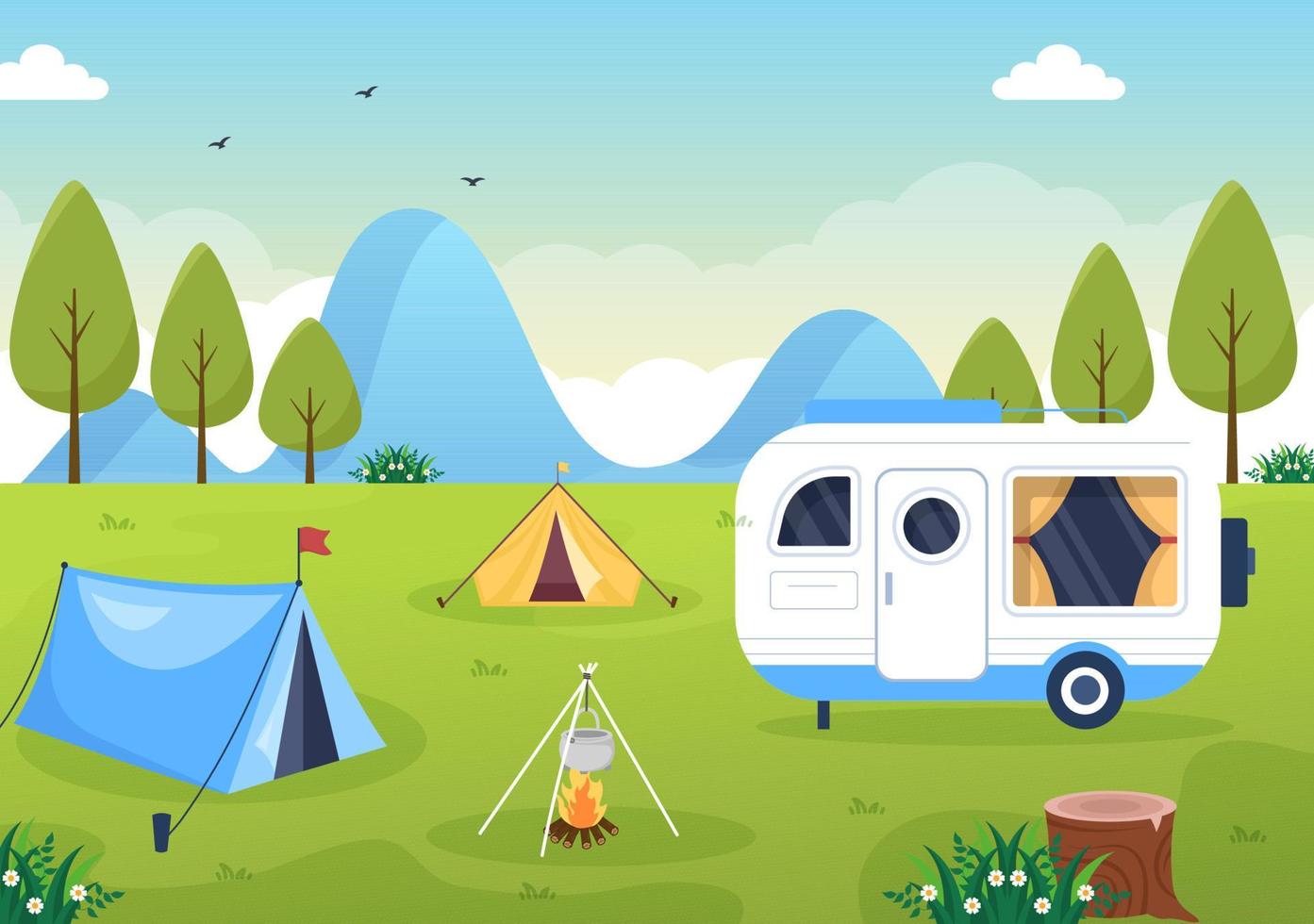 illustrazione dello sfondo dell'auto da campeggio con tenda, falò, legna da ardere, camper e la sua attrezzatura per le persone in tour avventurosi o vacanze nella foresta o in montagna vettore