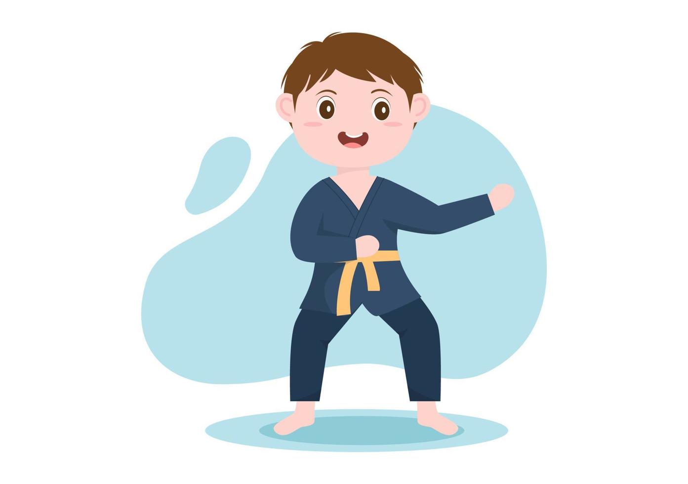 bambini svegli del fumetto che fanno alcune mosse di base di arti marziali di karate, posa di combattimento e indossano il kimono nell'illustrazione piana di vettore del fondo di stile