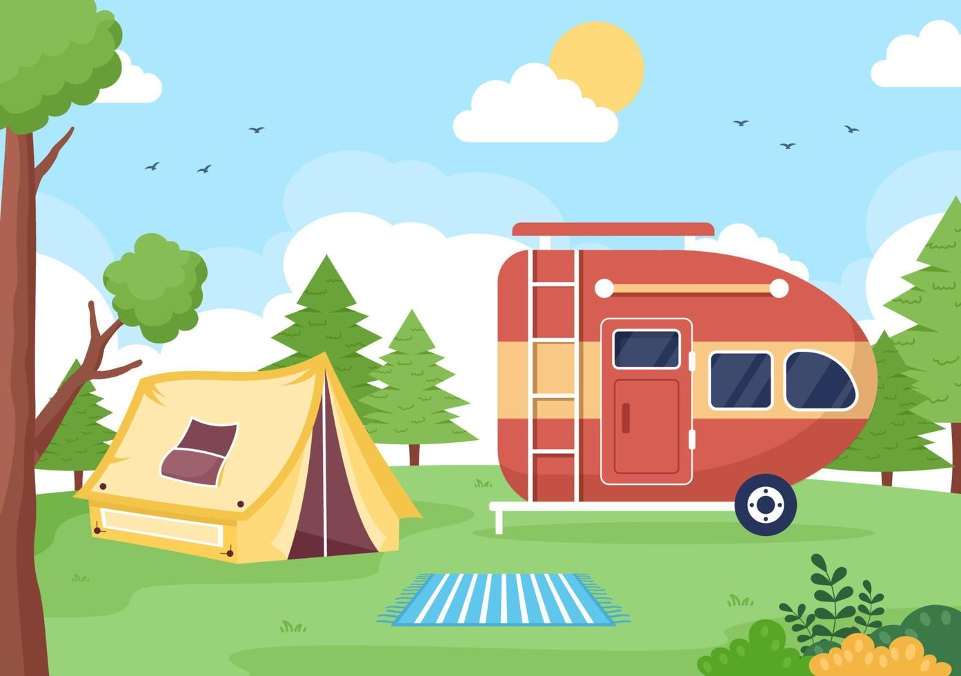 illustrazione dello sfondo dell'auto da campeggio con tenda, falò, legna da ardere, camper e la sua attrezzatura per le persone in tour avventurosi o vacanze nella foresta o in montagna vettore