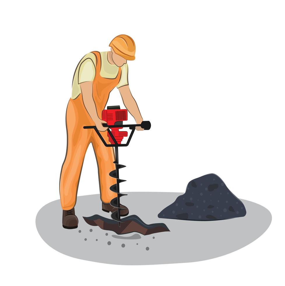 costruttore di riparazioni stradali uomo in uniforme lavoratore trapano perforazione strada asfalto vettore piatto isolato su bianco uniforme arancione