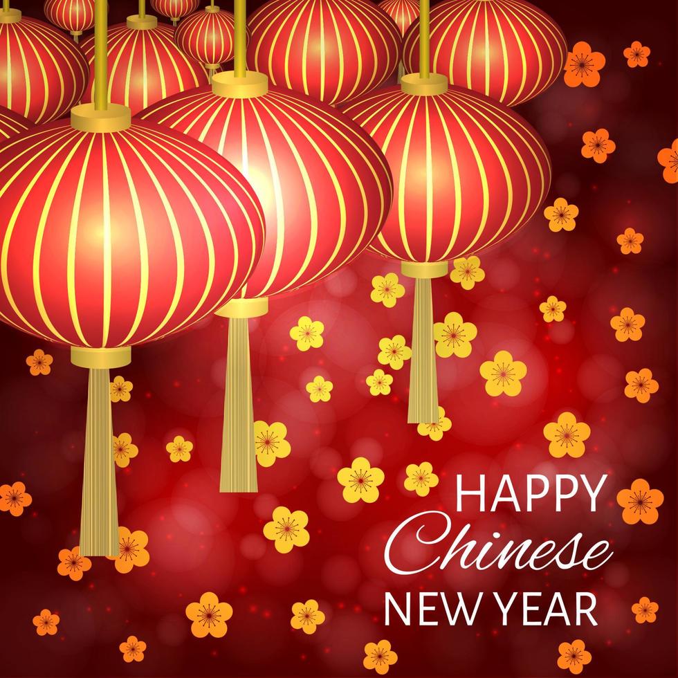 illustrazione vettoriale di capodanno cinese con lanterne e fiori di ciliegio su sfondo bokeh rosso brillante. modello facile da modificare. può essere utilizzato come biglietti di auguri, banner, inviti, ecc.