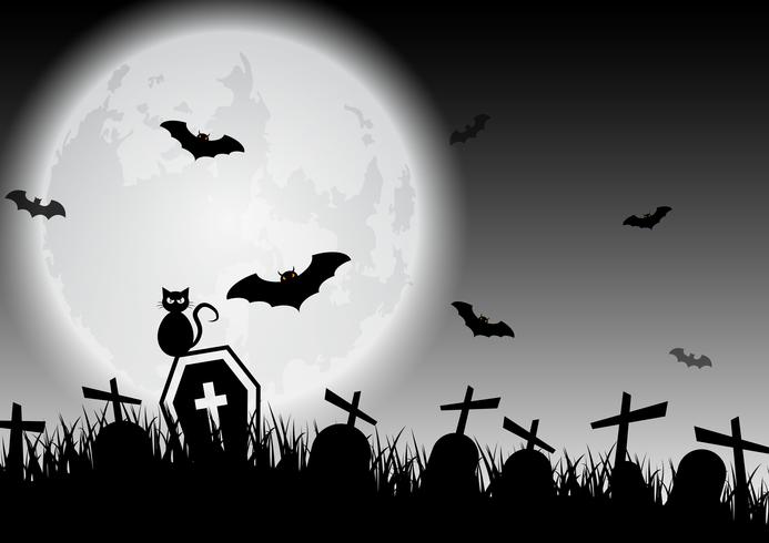 Luna spettrale in bianco e nero di Halloween sul cimitero vettore