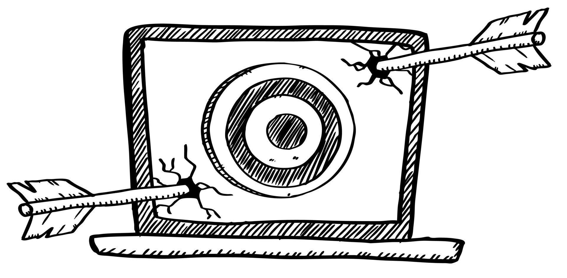 illustrazione in stile cartone animato di frecce di tiro con l'arco che hanno mancato il bersaglio e hanno colpito lo schermo del laptop. illustrazione vettoriale di doodle disegnato a mano.