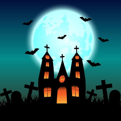 Casa stregata di Halloween con la luna blu incandescente vettore