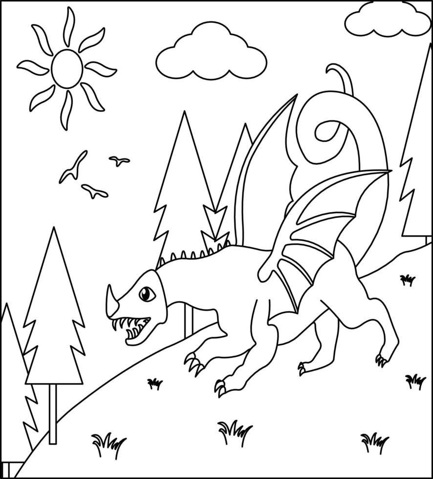 Pagina da colorare del drago 24. drago carino con natura, erba verde, alberi su sfondo, pagina da colorare in bianco e nero vettoriale. vettore