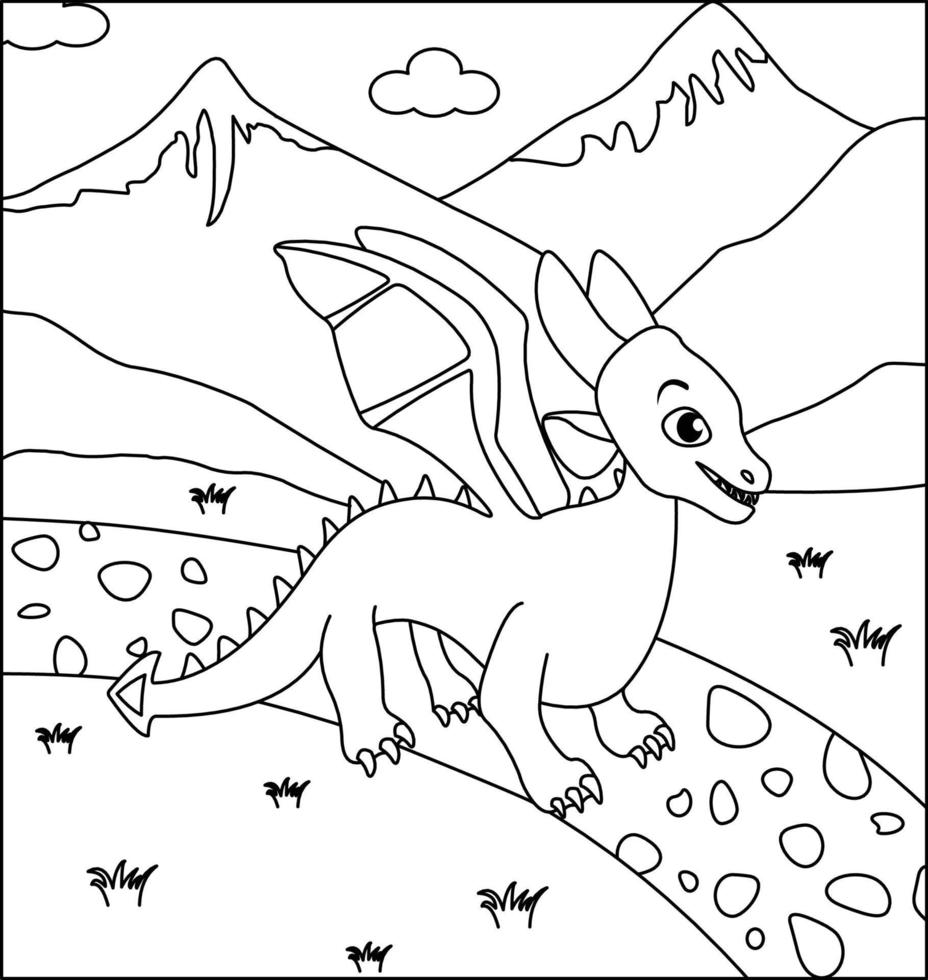 Pagina da colorare del drago 6. drago carino con natura, erba verde, alberi su sfondo, pagina da colorare in bianco e nero vettoriale. vettore
