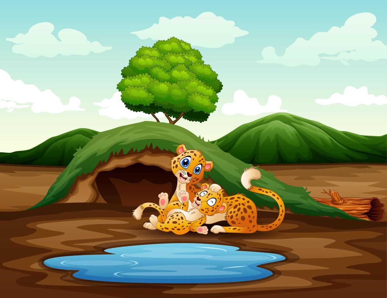 cartone animato una madre ghepardo con il suo cucciolo che gioca con la natura vettore